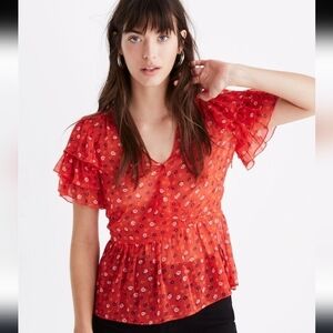 Madewell Tiered-Sleeve Peplum Top in Metallic Prairie Posies Sz 4